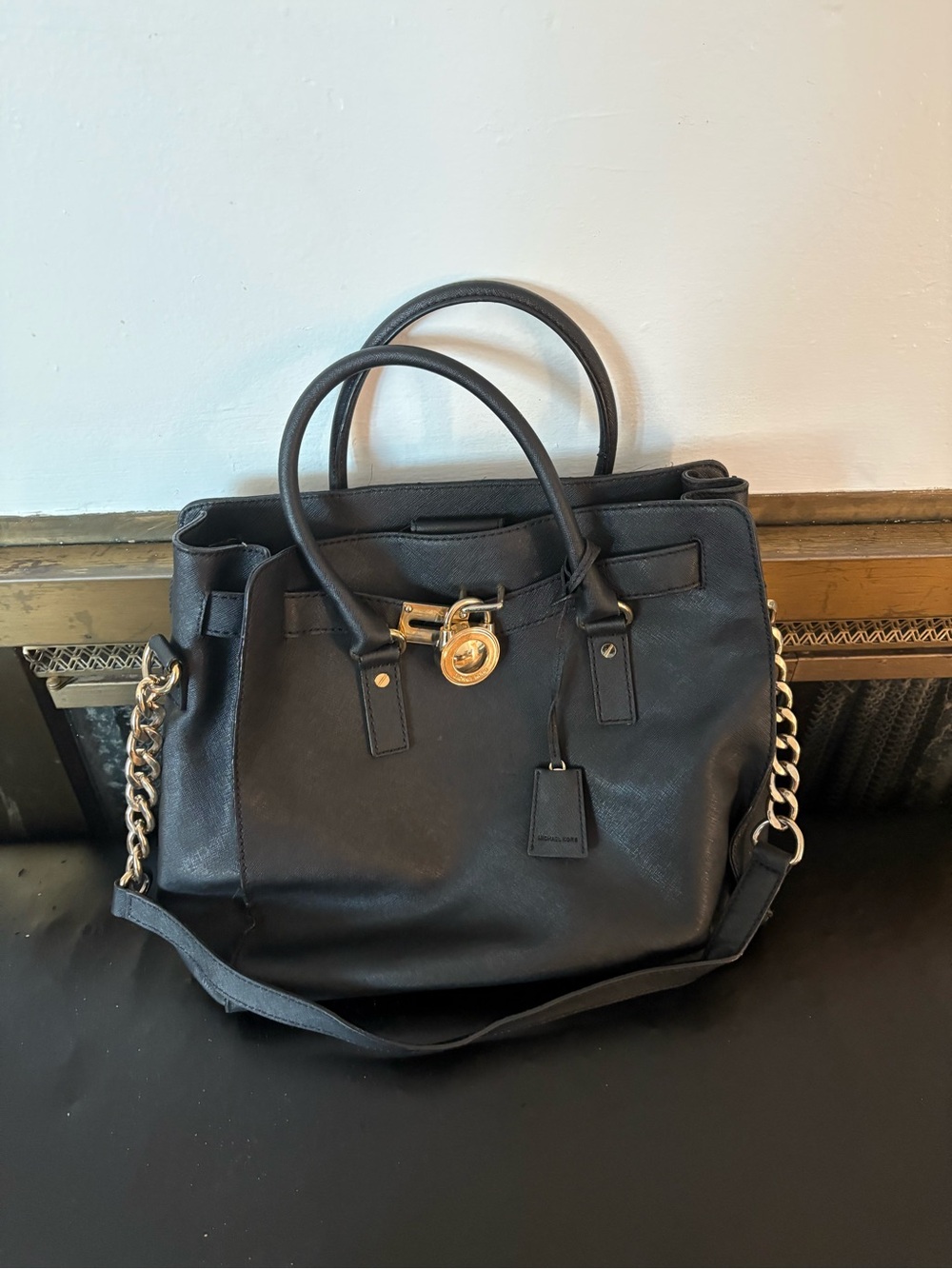 Michael Kors Black Leather Satchel with Gold Chain Accents